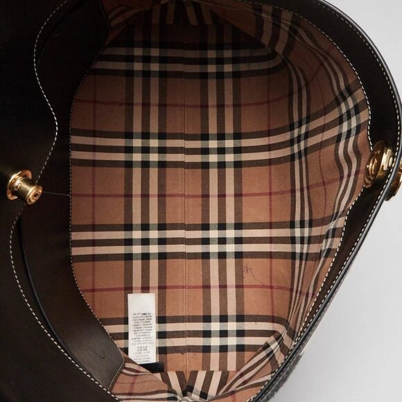 Burberry Black Leather Check Wool Medium Society Tote Bag - Picture 11 of 12